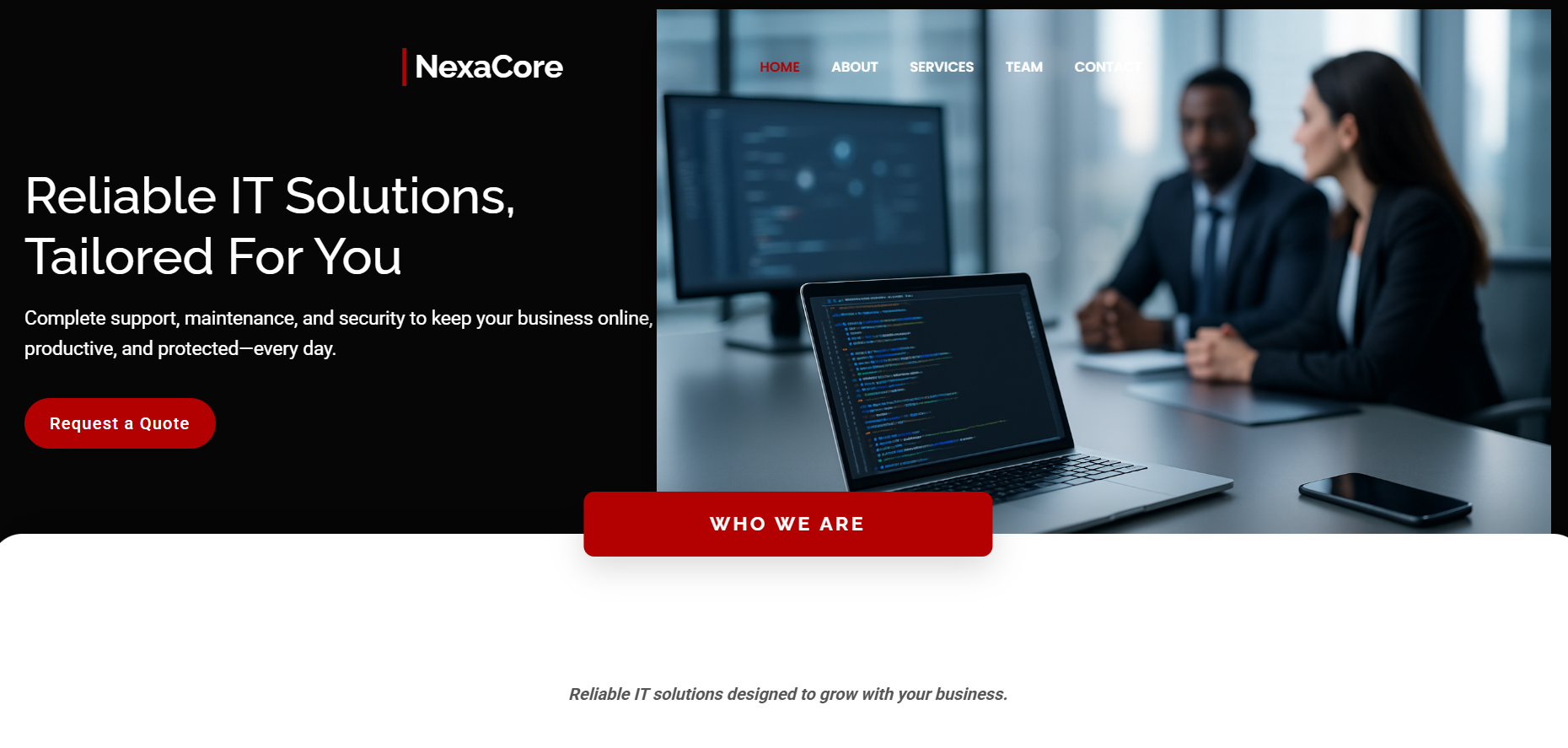 Nexacore technology solutions website featuring services, team section, and modern corporate design