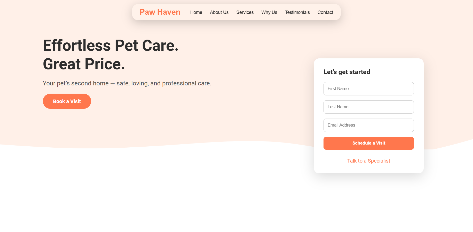 Paw Heaven pet care services website with service listings, appointment booking, and pet care information